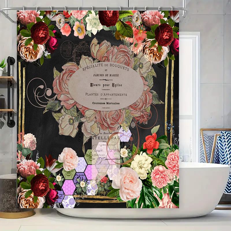 Vintage Floral Shower Curtain, Romantic Victorian Home Decor, Bath Rug Set with Flowers Print for Bathroom Decor Dark Grey Color 90x180cm