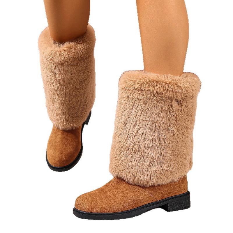 Women's Plus Size New European American Style Furry Patchwork Chunky Heel Round Toe Western Cowboy Knee High Boots