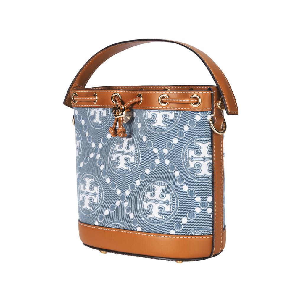 Tory Burch T Monogram Drawstring Logo Bucket Bag Women Handbags Brown Denim-Blue 159637-960