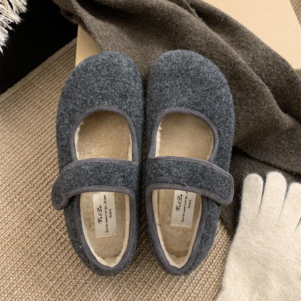 Korean Velcro Mao Mao Shoes Women Wear New Velvet Single Shoes Warm Cotton Shoes Flat Mary Jane Doudou Shoes In Winter