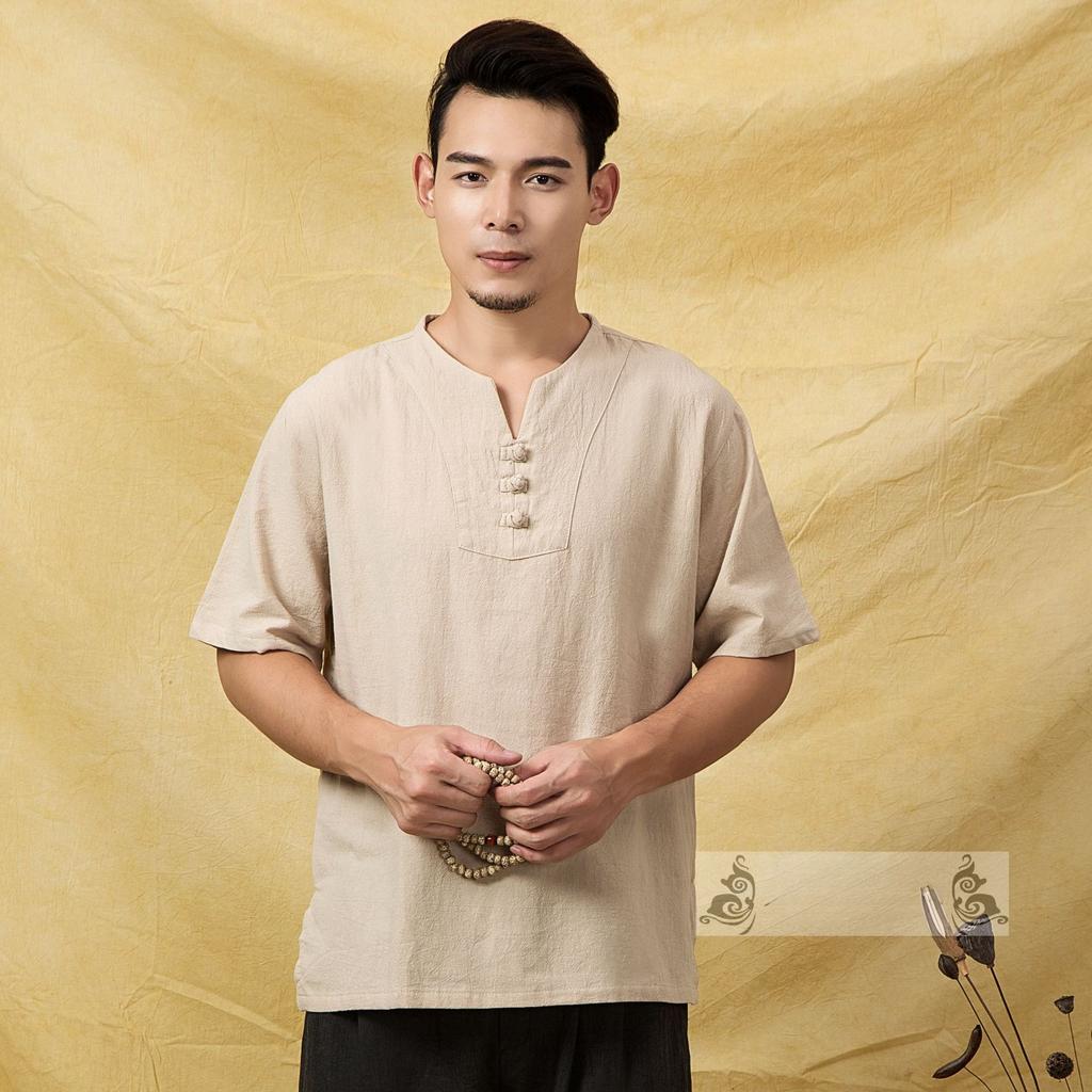 Ethnic Chinese Style Cotton And Linen Clothes Men'S Cotton And Linen V-Neck Short-Sleeved T-Shirt Men'S Thin Slim-Fit Top Summer