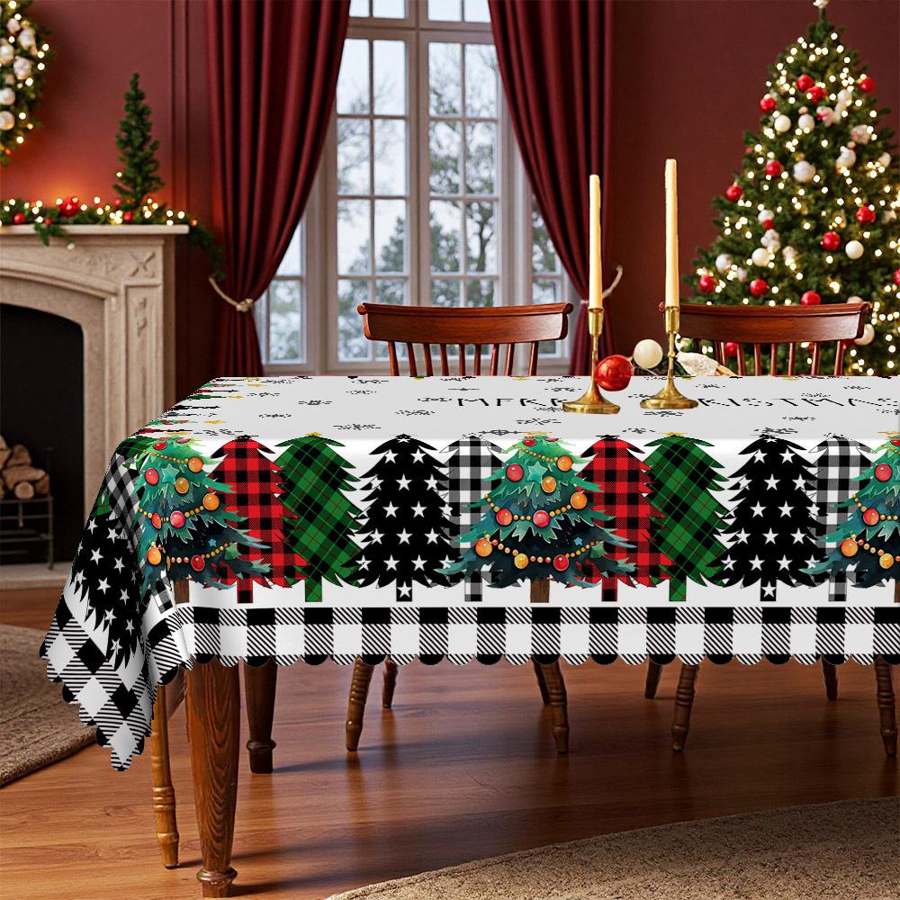 

Retro Christmas Tablecloth, Black And White Grid + Christmas Tree Print, Dining Table Decorative Cloth Festive Atmosphere Layout Round tablecloth-152x152cm