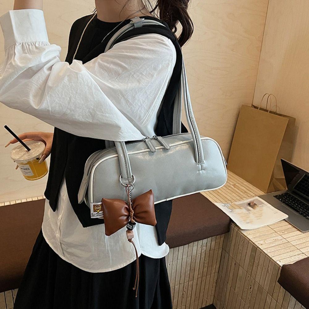 Trendy French Style Pu Bowling Bag Elegant PU Leather Boston Shoulder Bag Casual Large Capacity Women Handbags Armpit Bag