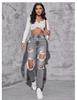 Jeans strappati da donna - Nuova tendenza europea americana, Lavati, Casual, Versatili, Elasticizzati, Larghi, Gamba dritta