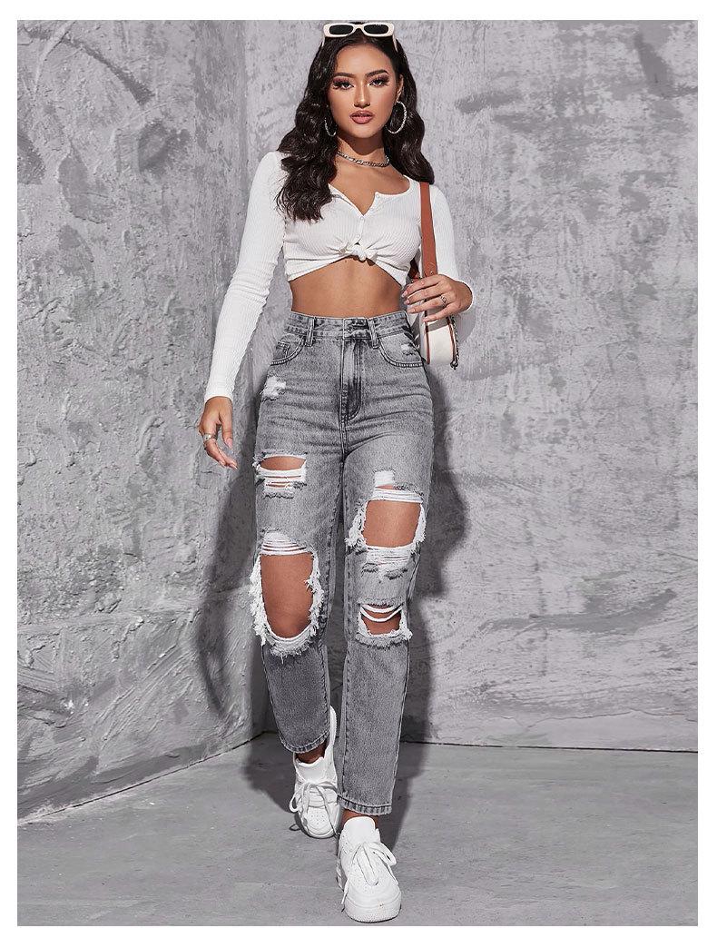 Jeans strappati da donna - Nuova tendenza europea americana, Lavati, Casual, Versatili, Elasticizzati, Larghi, Gamba dritta