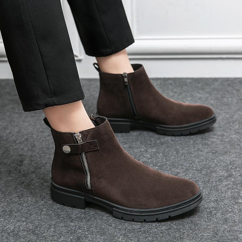 New Arrivals Coffee Men Ankle Boots Flock Zipper Round Toe Solid Business Men Short Boots  Size 38-46