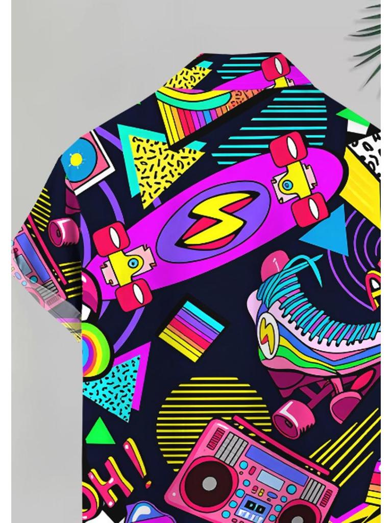 Men's Casual Short - Sleeve Shirt, with Recorder Pattern Print, Polyester Material, Multiple Specifications Available, Suitable for Daily Wear,