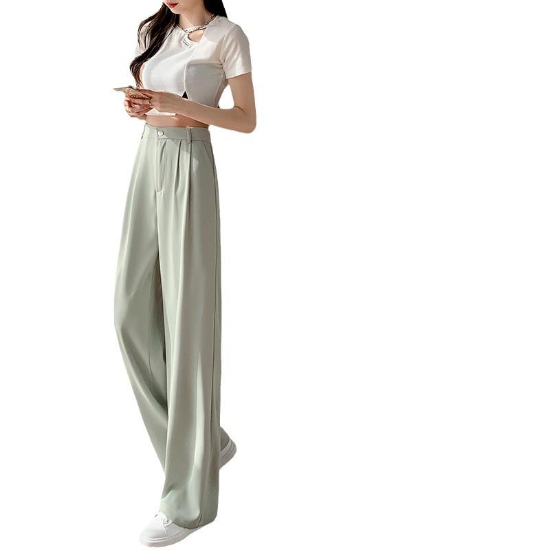 Women's 145cm Pink Ice Silk Wide-Leg High-Waist Pants - Petite, Summer, Thin, Straight Leg.