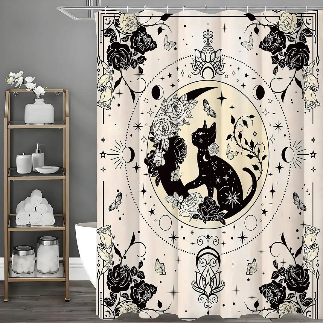 Witch Black Cat Moon Phase Beige Stars Mystic Celestial Decorative Shower Curtain, Bathroom Decorative Shower Curtain, Waterproo W90xH180cm