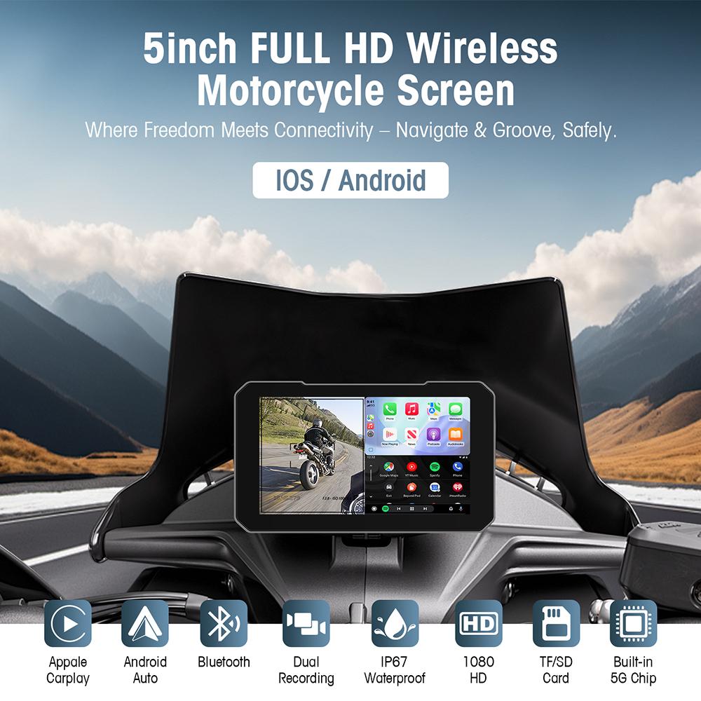5 Inch Touch Screen Motorcycle CarPlay Screen Support Dual Camera Record with Wireless CarPlay and Android Auto IP67 Waterpr