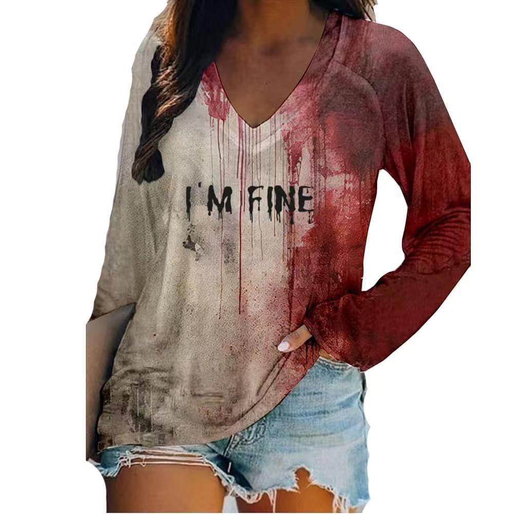 New Easter 3D digital printed women's V-neck long sleeved T-shirt