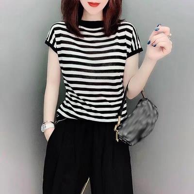 Classic Black and White Striped Ice Silk Short Sleeved Knitted Shirt for Women In Summer Thin Style Loose Fitting Top for Women's Summer Wear