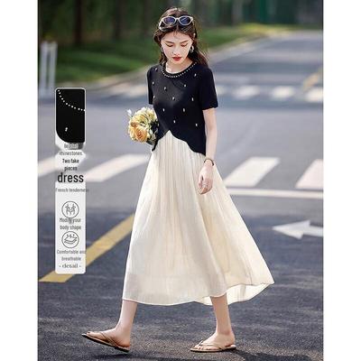 Summer Beaded Rhinestone Faux Two-Piece Slimming Dress