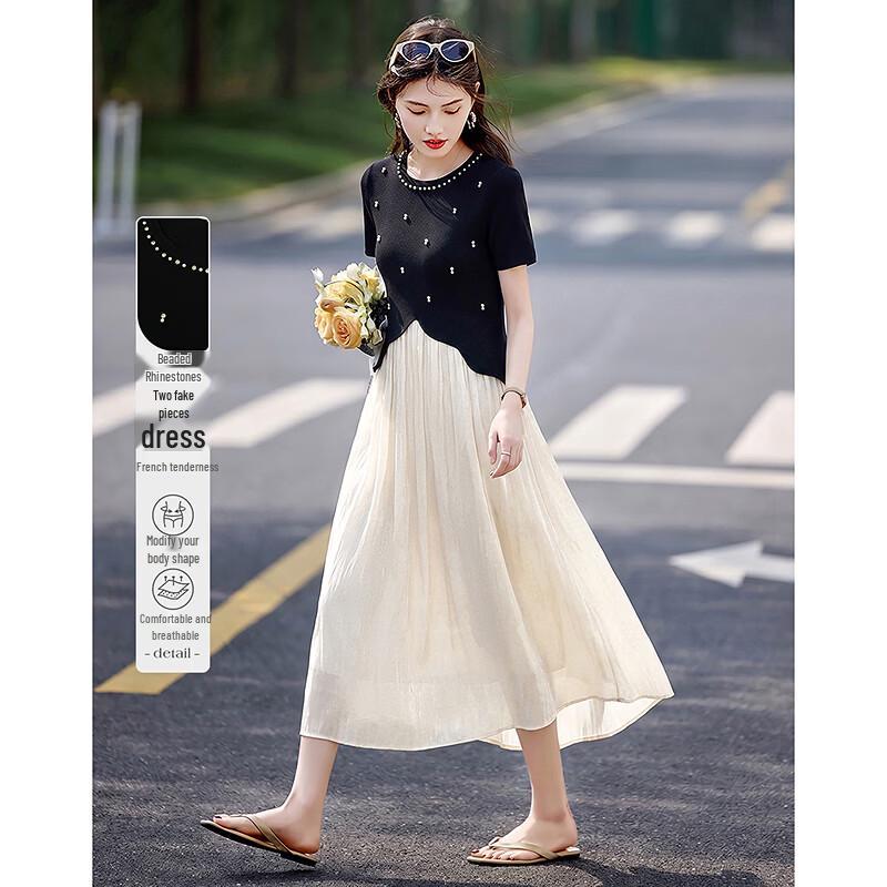 Elegant Beaded Short-Sleeve Faux Two-Piece Midi Dress One Size