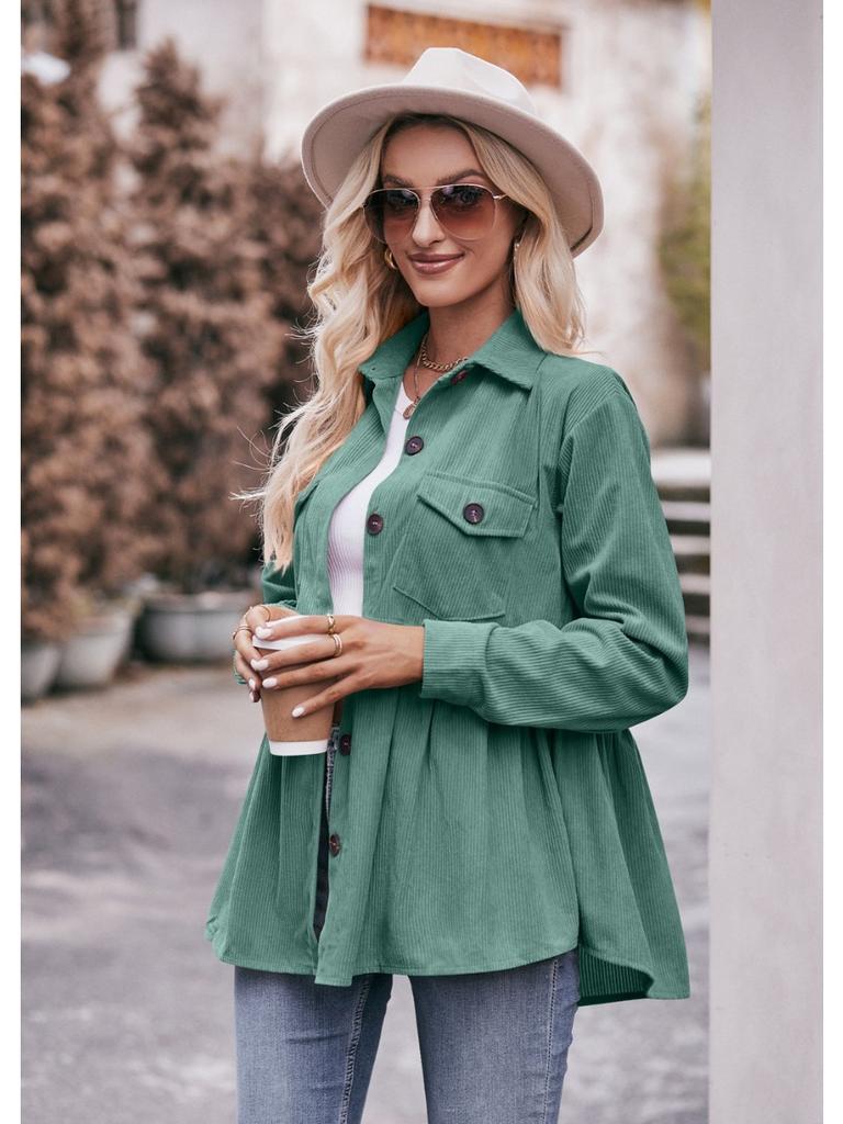 Women's 2024 Corduroy Shirt Long Sleeve Lapel Single-Breasted Thermal Blouse with Pockets, Autumn Winter Warm Stretchy Tunic Top for Casual & Office