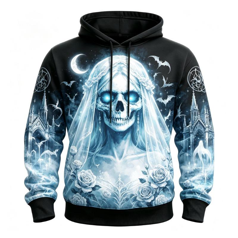 Men's Bloody Red Eyes Skull Dead Tree Full Print Hoodie Halloween Gothic Long Sleeve Pullover Sweatshirt For Cosplay Party