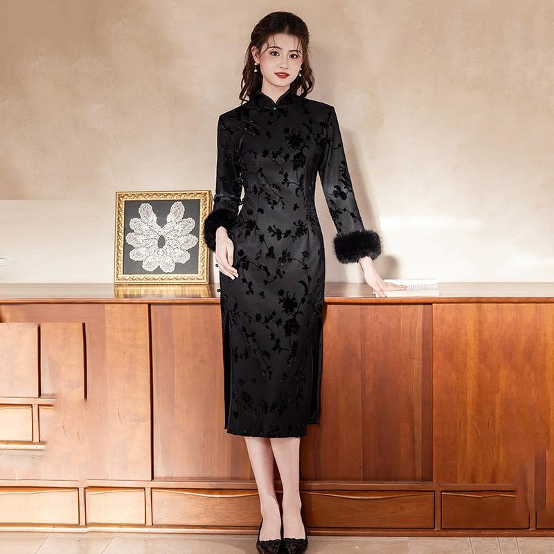 Black Fleece-Lined Modern Chinese Style Long Sleeve Cheongsam Dress With Shawl Winter Women Vintage Elegant Outfit