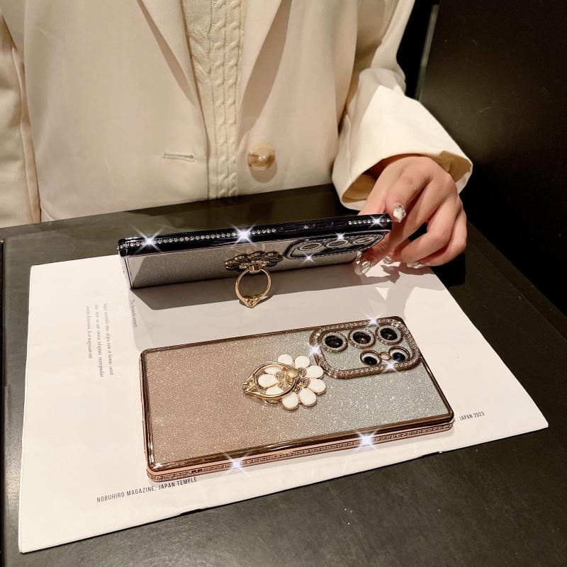 For Samsung Galaxy S25 Ultra Luxury Plating Rhinestone Frame Diamond Ring Stand Phone Case For Samsung S22 S23 S24 S25Plus Cover