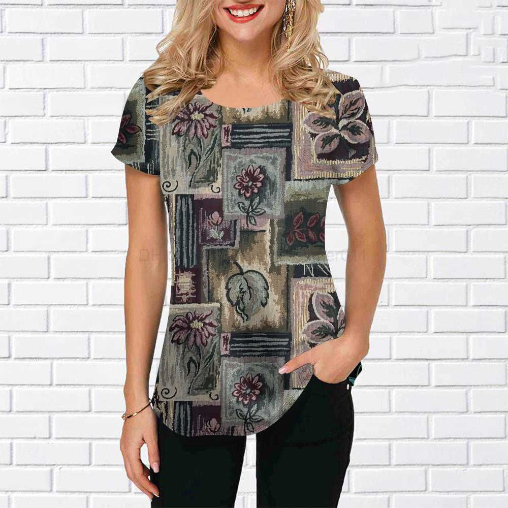 Summer Round Neck 3D Floral Patchwork Print T-shirts Fashionable Casual Short Sleeved Women's T-shirts