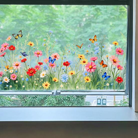 Spring Summer Flower Butterfly Window Cling Colorful Floral Window Sticker Removable Double-Sided Static Decals for Home Office Classroom Decor
