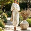 Damen 2-teilige Outfits Kurzarm Off-Shoulder Pullover Oberteil und Lockere Haremshosen Set Sommerurlaub Loungewear Sets