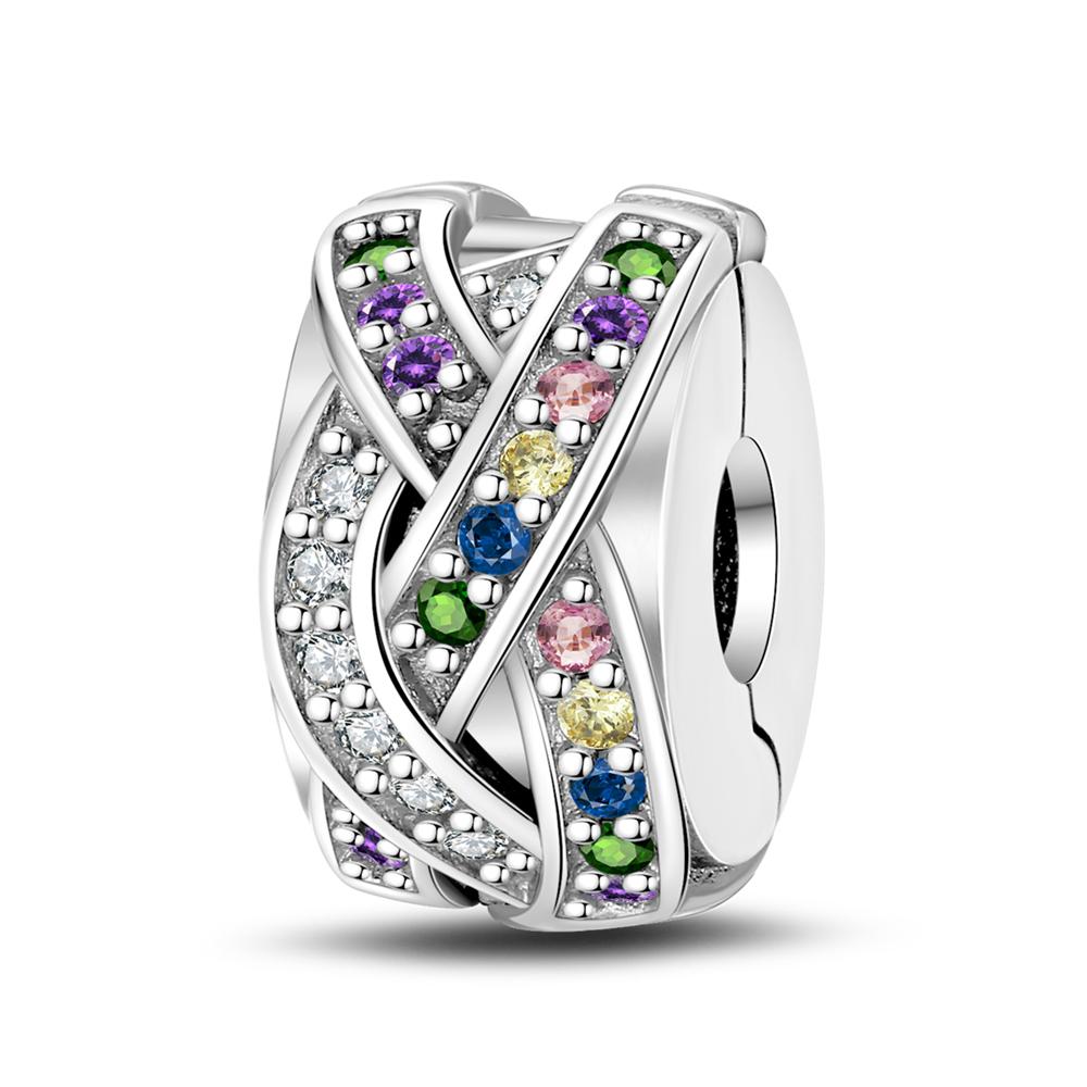 Silver Clasp 925 Silver Pave Clip Charms Colored Beads Stopper Safety Chain Fit Original Bangle Bracelet Jewelry Clip