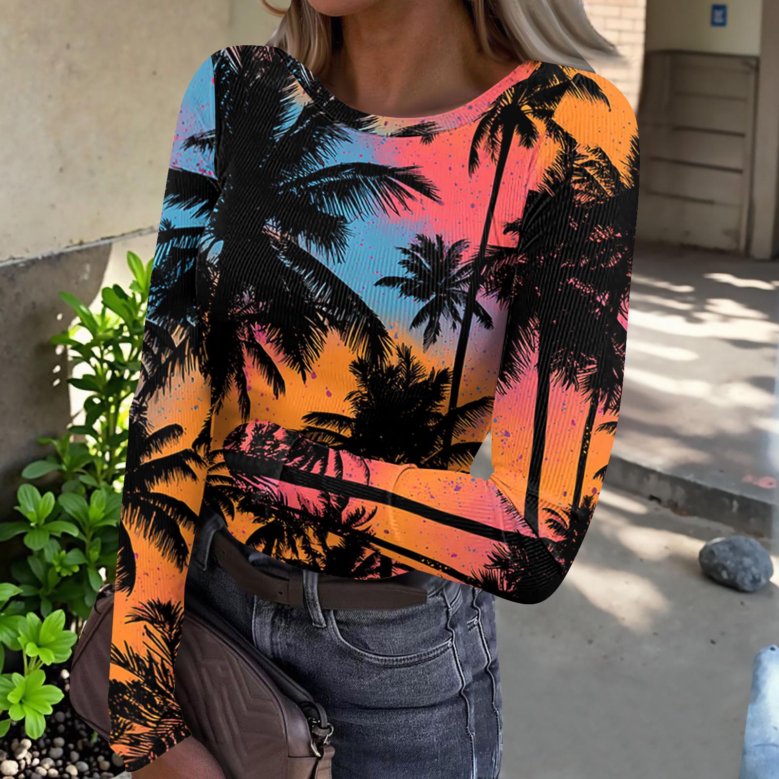Women s Casual Fashion Round Neck Hawaiian Print Long Sleeve Ribbed Top S оранжевый