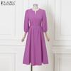 ZANZEA Women Casual V-Neck Loose 3/4 Sleeve Plain Long Dress