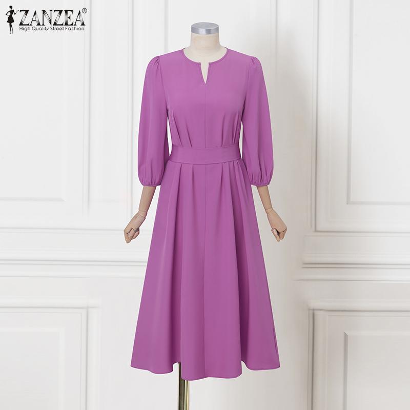 ZANZEA Women Casual V-Neck Loose 3/4 Sleeve Plain Long Dress