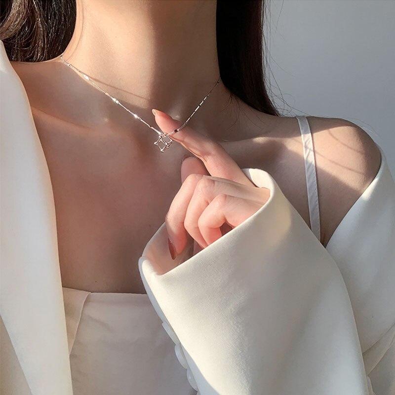 925 Sterling Silver Cube Geometric Necklace Female Simple Elegant Shiny Chain Choker Pendant Necklaces Gift