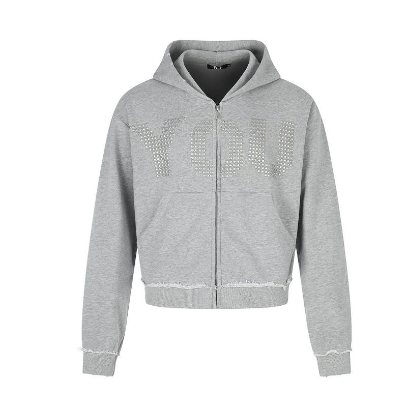 American Vintage Cropped Hooded Sweatshirt Men Casual Zip-Up Jacket With Rivets Loose Fit Teens