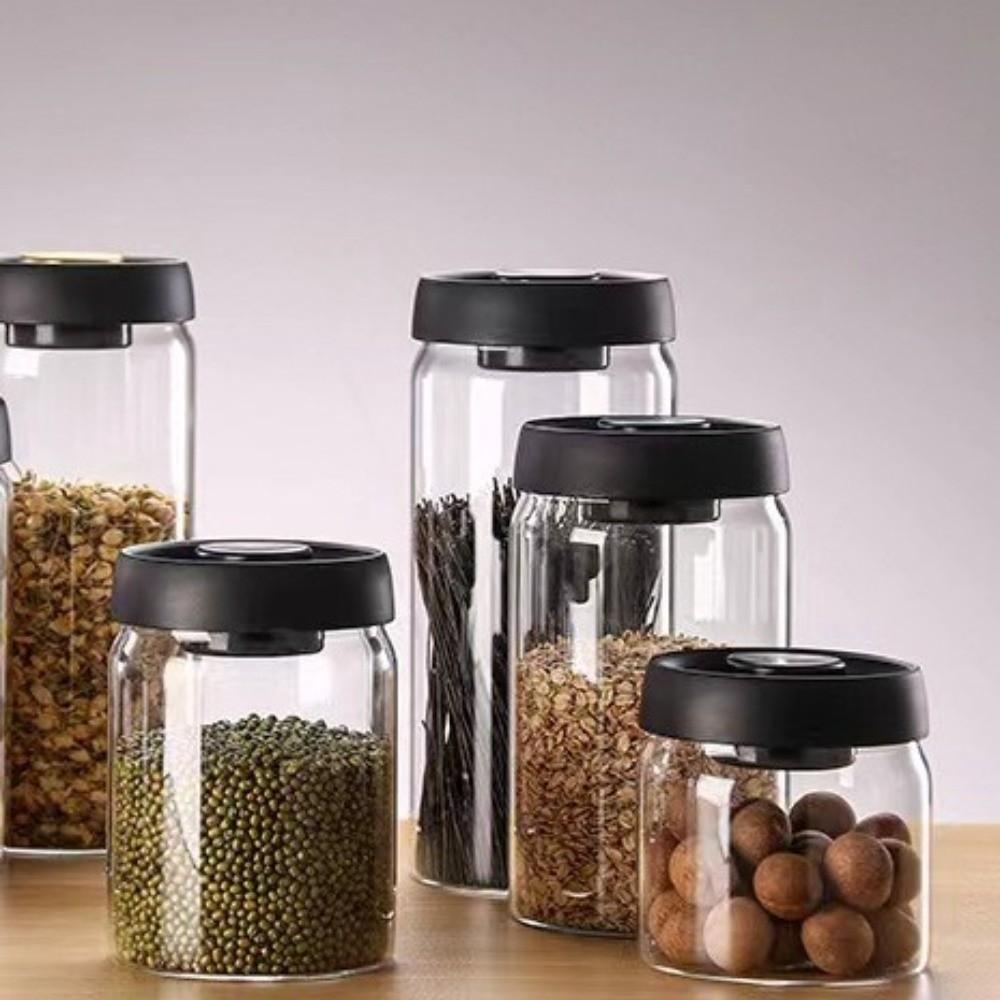Manual Coffee Bean Storage Jar Press Type Glass Coffee Jar Airtight Container Whole Grains Storage