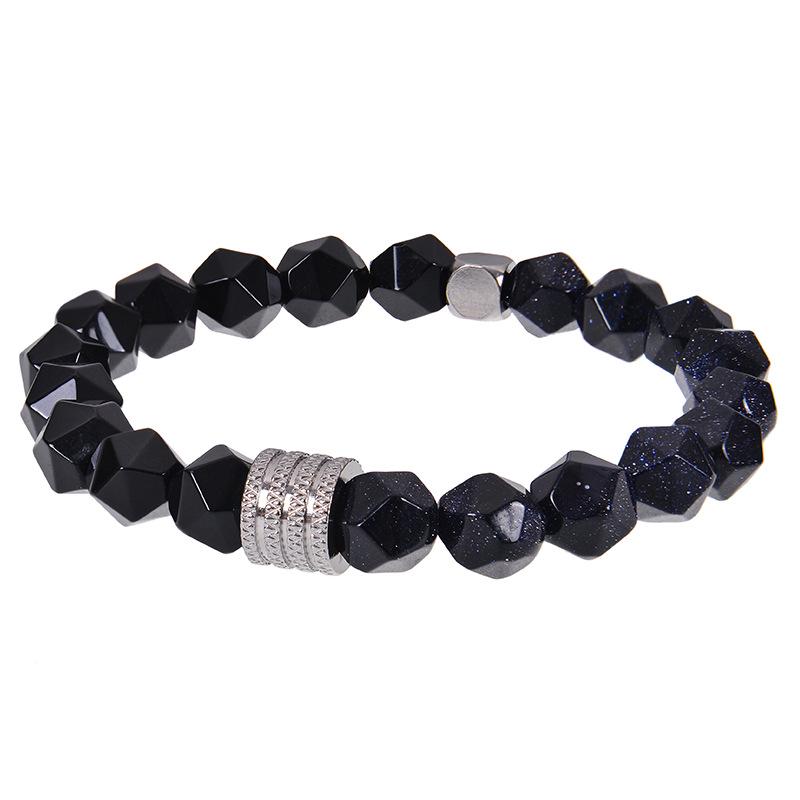 Men's Retro Stainless Steel and Beaded Bracelet with 10mm Faceted Amazonite and Black Obsidian.