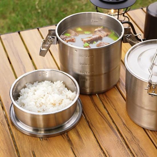 3L 304 Stainless Steel Camping Bowl with Folding Handle Portable Outdoor Hiking Backpacking BBQ Picnic Travel Cooking Pot Cookware Dishware