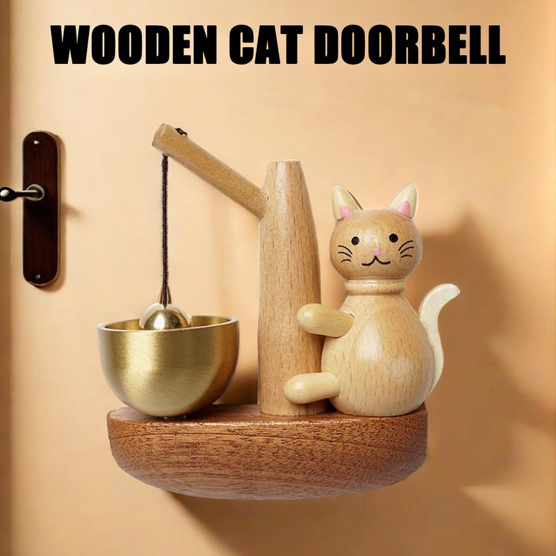 Bell For Door Opening Magnetic Fishing Cat Door Chime Playful Fishing Cat Wind Chime Magnetically-Attached Wood Doorbell Home