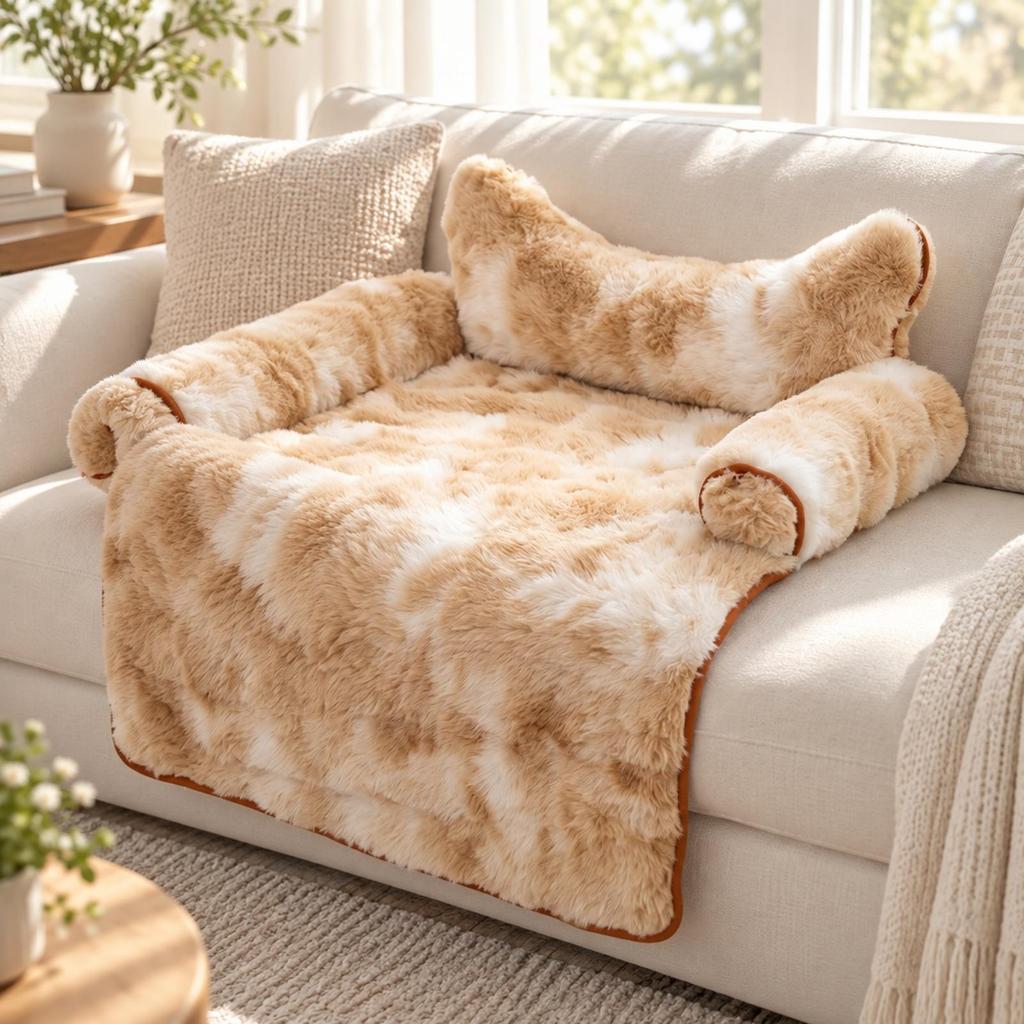 Soft Pet Bed with Bolsters Padded Textured Velvet Couch Cover Bolster for Cat
