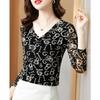 Spring Autumn Fashion Women's V-Neck Letter Printed Sexy Mesh Patchwork Basic T-shirts Elegant Long Sleeve Slim Ladies Tops