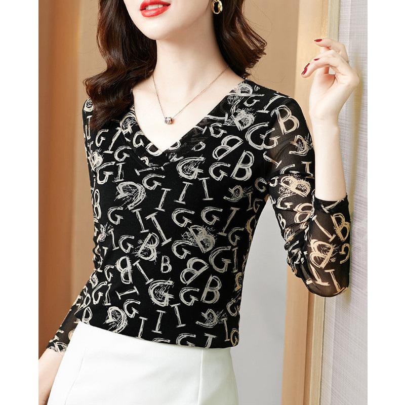 Frühling Herbst Mode Damen V-Ausschnitt Buchstaben bedruckt Sexy Mesh Patchwork Basic T-Shirts Elegant Langarm Slim Damen Tops