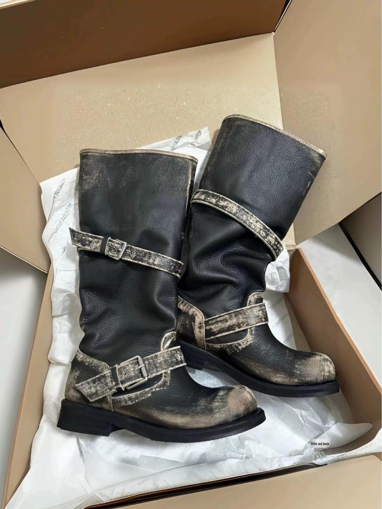 In Stock: Women's Two-Way Wear Heavy-Duty Distressed Knight Boots with Belt Buckle - Retro Style Outdoor Boots