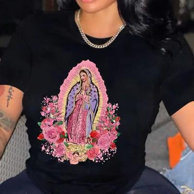 Goddess Floral Print Crew Neck T-shirt Casual Short Sleeve Drop Shoulder Top Women's Clothing Y2K Tops Tee Lady Black Clothes