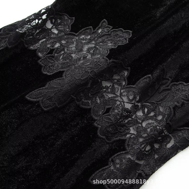 2026 Womens Lace Velvet Patchwork A-Line Midi Dress Semi-Turtleneck Long Sleeve Elegant Streetwear