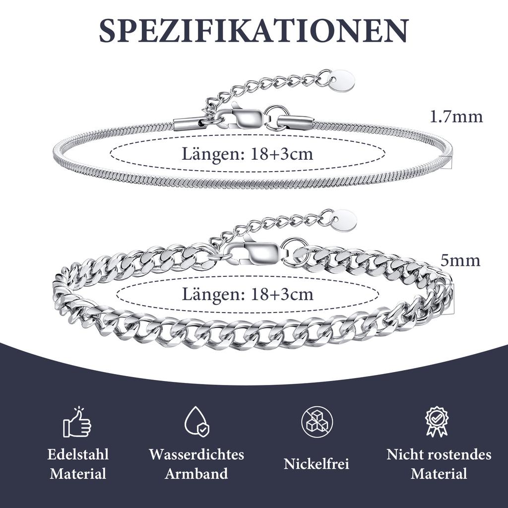 Vnox 2pcs Snake Cuban Link Chain Bracelet Set Black Silver Color Stainless Steel Adjustable 18-21cm Wristband Gift for Men Women
