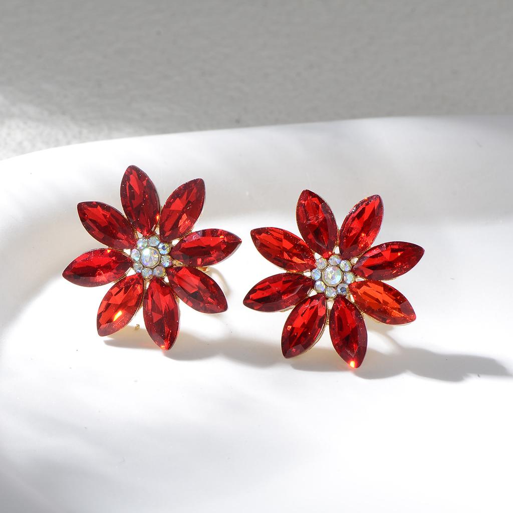 Vintage Light Luxury Colorful Diamond Sunflower Ear Clips High End Crystal Earrings Elegant Evening Party Jewelry