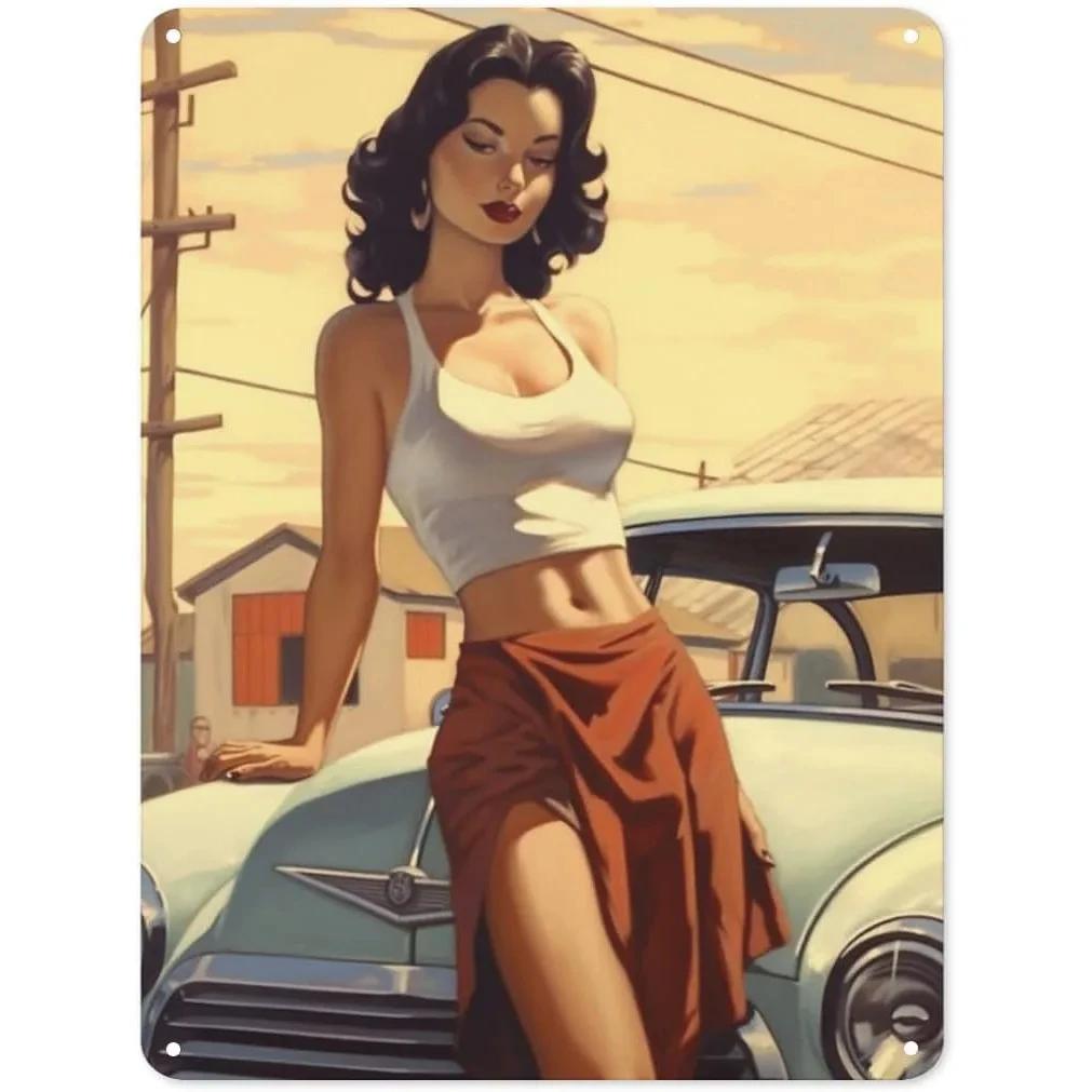 Vintage Pinup Girl Fast & Sexy Girls Classic Car Automobile Metal Tin Sings For Man Cave Garage Bar Cafe Clubs Car Decor Posters