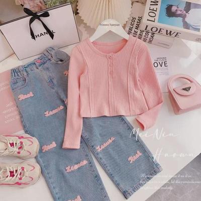 2023 Spring Korean Style Girls' Long-Sleeve Round Neck Top and Jeans Two-Piece Suit