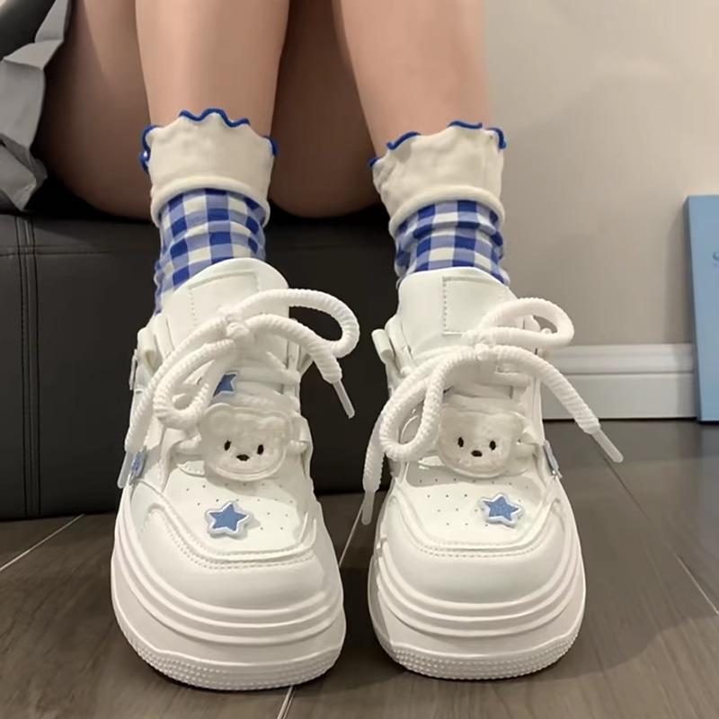 Women Kawaii Blue Platform Sneakers White Shoes Vulcanize Cute Casual Footwear Skateboard Tennis Female