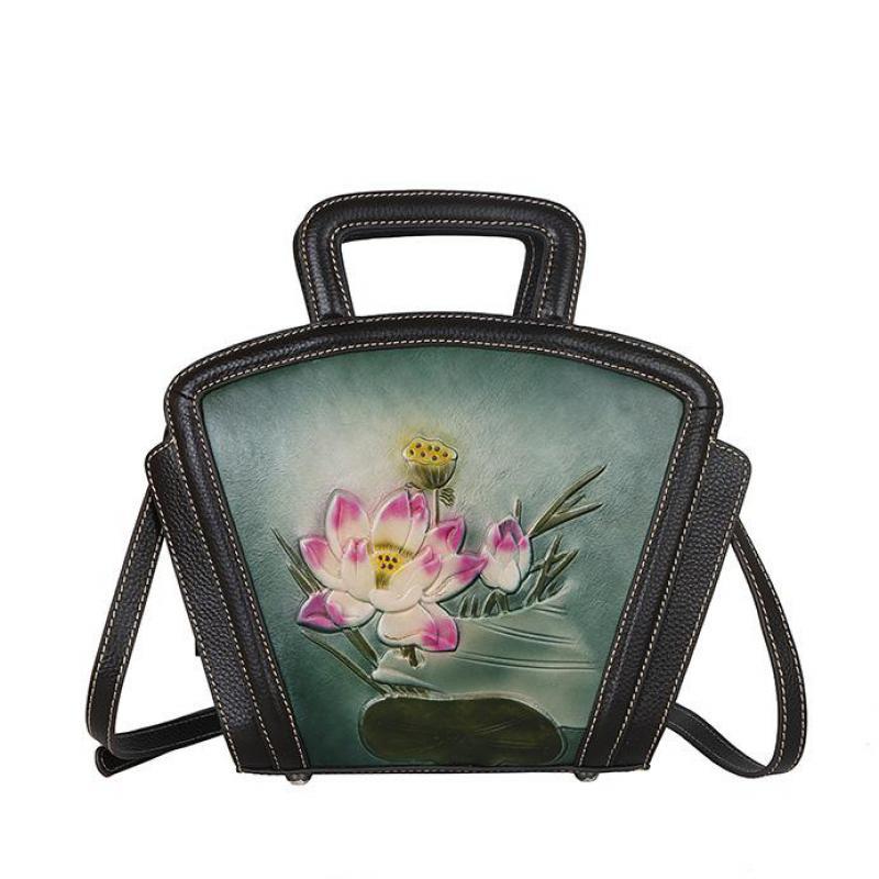 Johnature Vintage preget første lag kuskinn dameveske Luksus håndveske Håndmalte Lotus Skuldervesker for kvinner