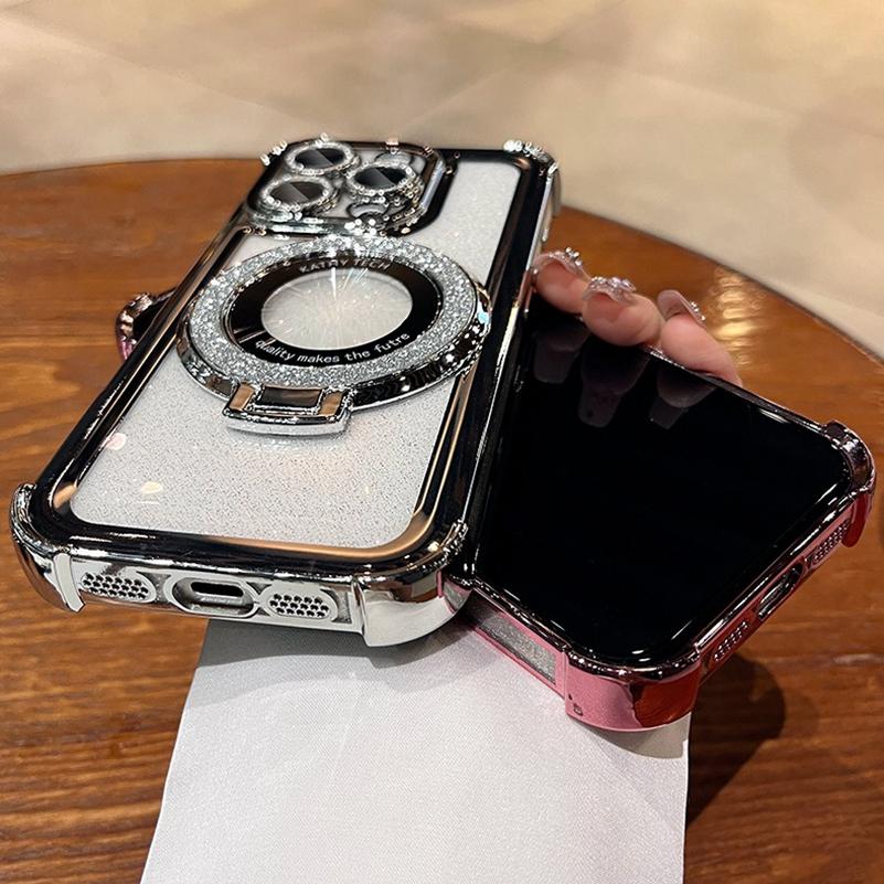Double Bling Glitter Magsafe Bracket Case for iPhone 16 Pro Max Plus Transparent Plating Cover for iPhone 13 12 11 14 15 Pro Max