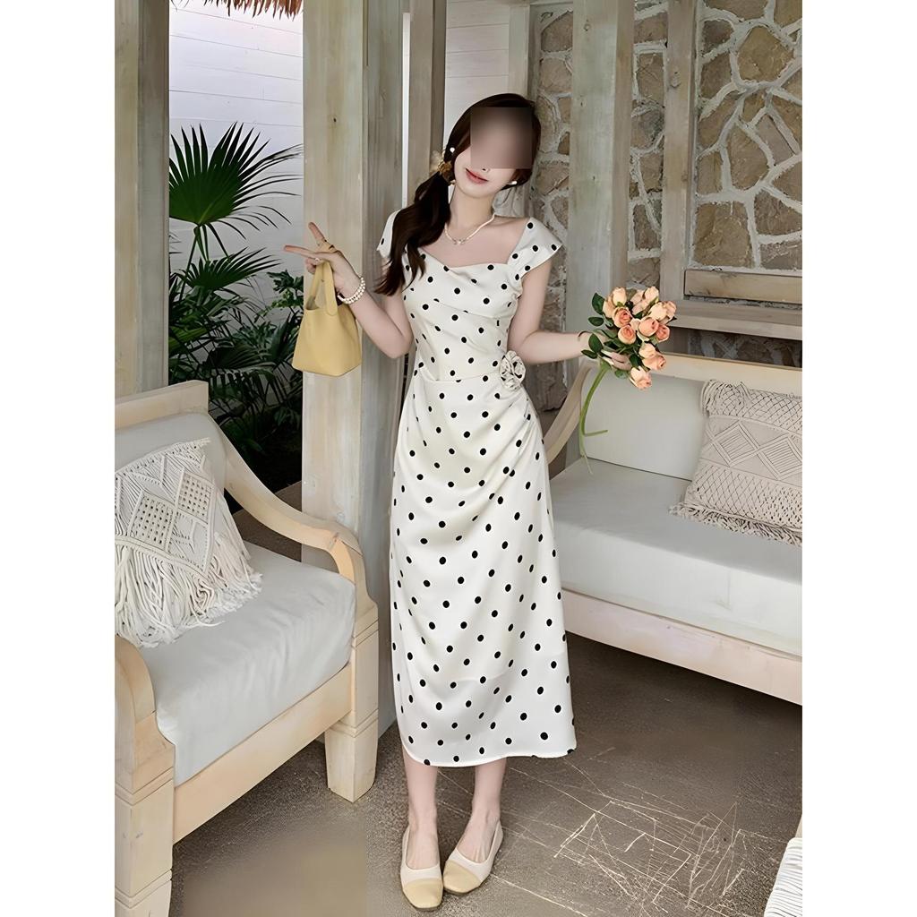 White polka dot dress temperament casual and thin super good-looking unique beautiful skirt women's summer