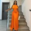 Orange Halter Neck Maxi Dress with Side Pleats